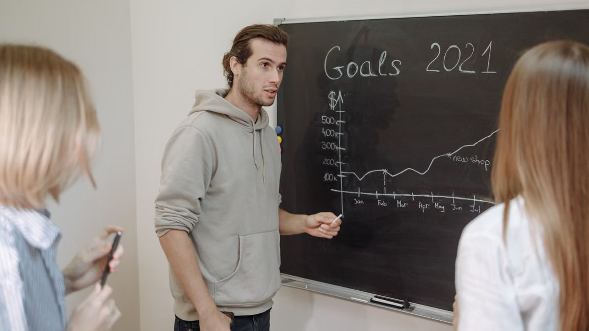Three professionals engaged in a business discussion about goals written on a chalkboard in an office.